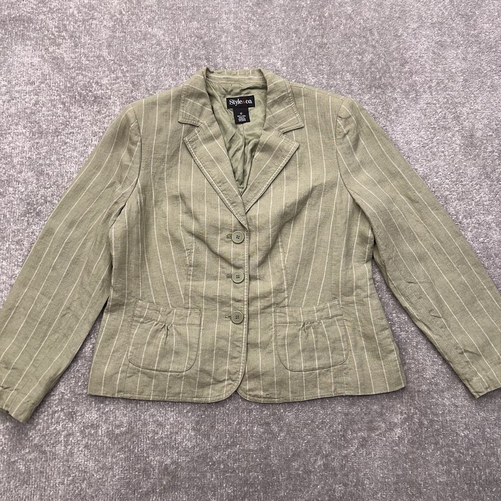 STYLE & CO Womens Size 12 Striped 100% Linen Blazer Patch Pockets Sage Green Y2K - Picture 4 of 14